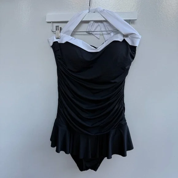 Lauren Ralph Lauren Women Swimsuit Sz 12 Black White Halter Skirted Ruched 1 Pc - Picture 2 of 15